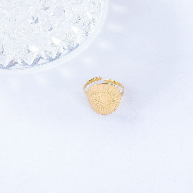 Womens Gold Tone Stainless Steel Devil Eye Geometric Trend Fashion Opening Adjustable Ring For Everyday Wear Essentials