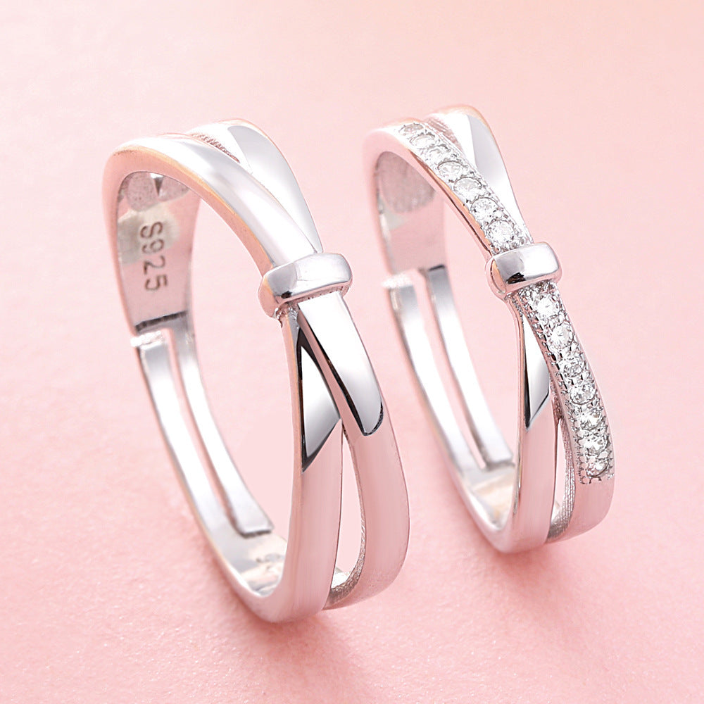 Couple Adjustable Opening Interwoven Ring With Imitation Diamond 925 Silver White Gold Geometric Zircon Zircon