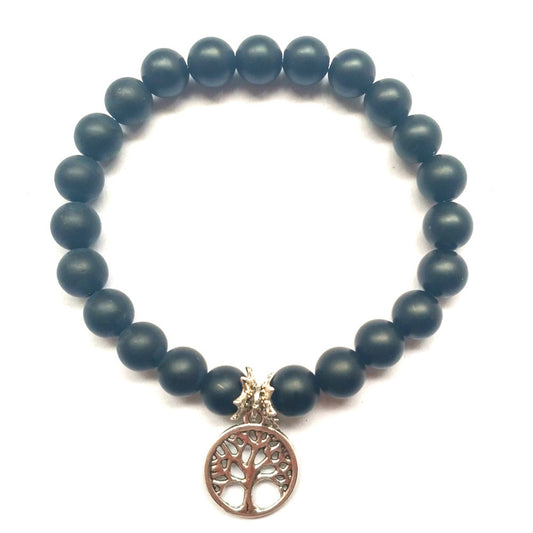 Unisex Frosted Black Agate Beaded Bracelet With Tree of Life Pendant 8mm Beads Handmade Jewelry for Everyday Wear