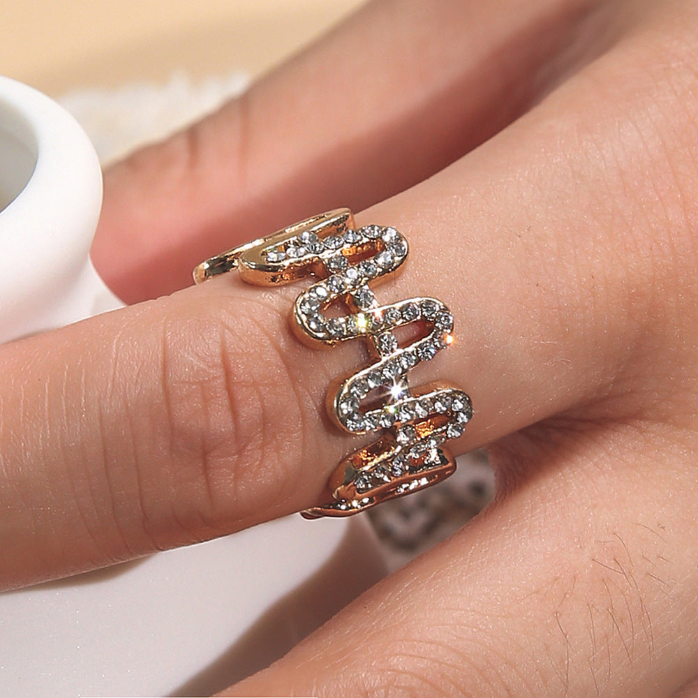 Womens Adjustable Wave Ring Open Design Alloy Diamond Gift