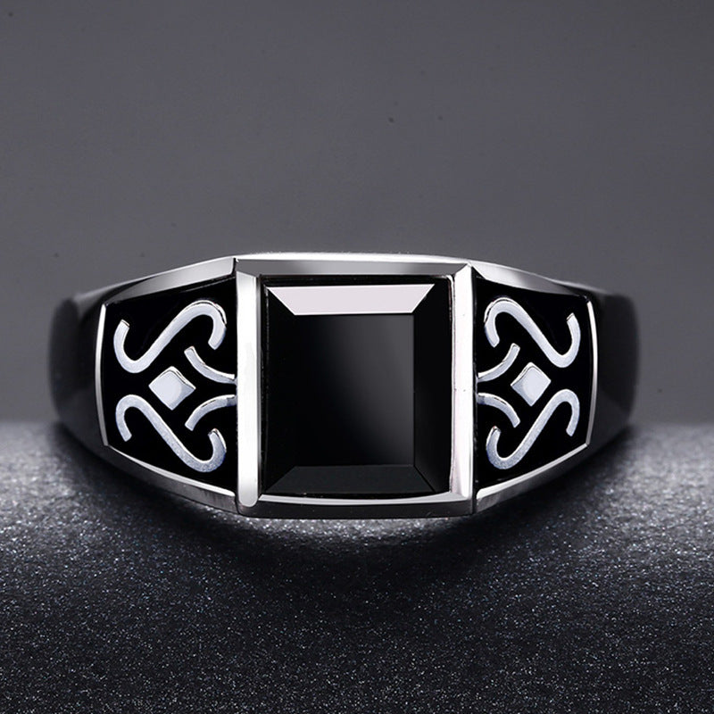 Mens Obsidian Domineering Geometric Carved Copper Ring Inlaid Gemstone Statement Fashion Jewelry Accessory For Him