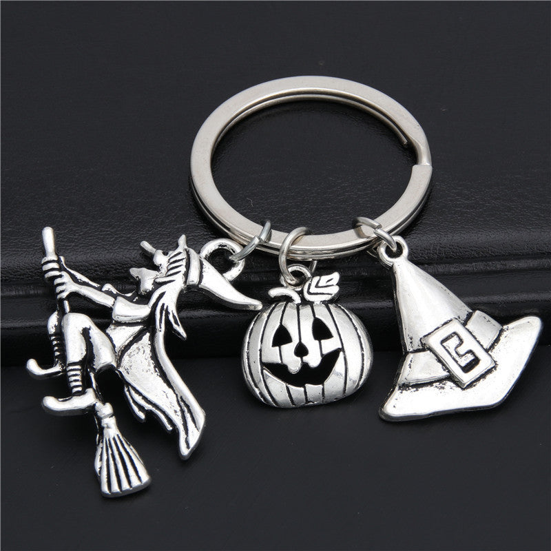 Women Keychain Alloy Keyring With Halloween Pumpkin Charm Wizard Broom Charm And Teeth Charms Trendy Key Chain