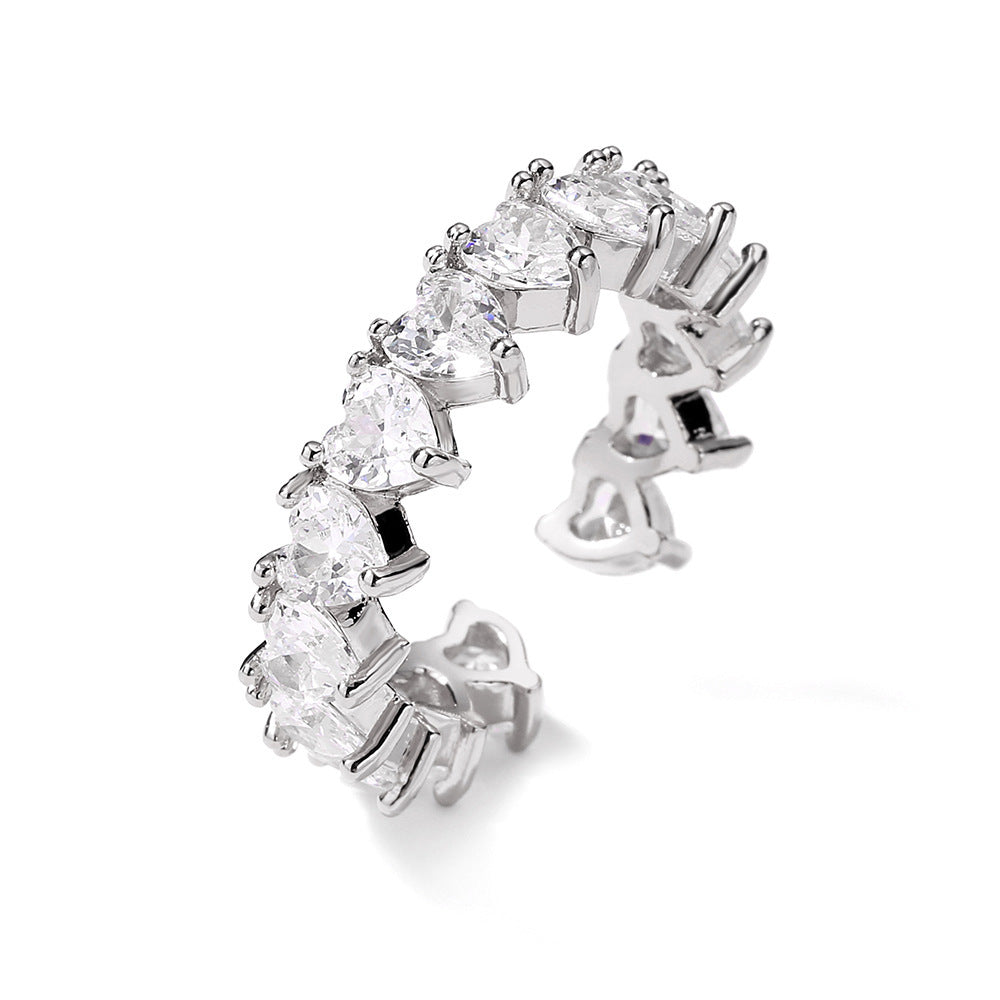 Zircon Open End Ring For Women Adjustable Heart Shape Copper Plated Dainty Jewelry Gift Accessory Delicate Design