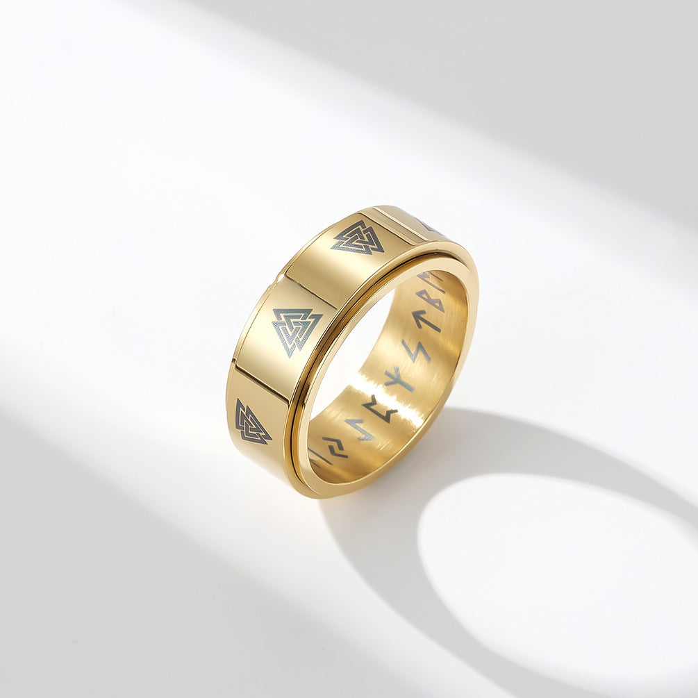 Mens Rotating Text Ring Stainless Steel With Viking Style Letters In Steel Gold Black Colors And Sizes 7 8 9 10 11 12