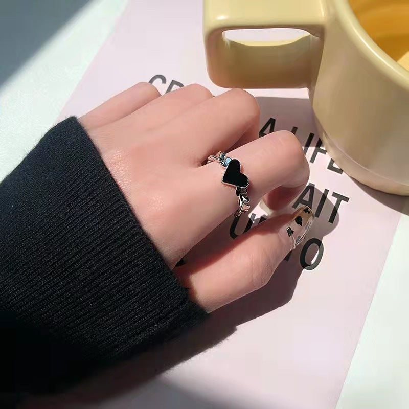 Womens Alloy Love Heart Rings Set Adjustable Opening Vintage Style Drip Oil Flat Design Fashion Jewelry Women