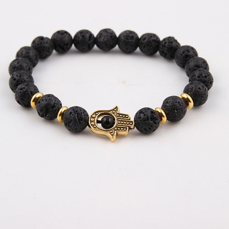 Lava Stone Bead Bracelet Golden Palm Accent And Silver Palm Inlay 8mm Energy Gem Very Sleek Modern Look Style