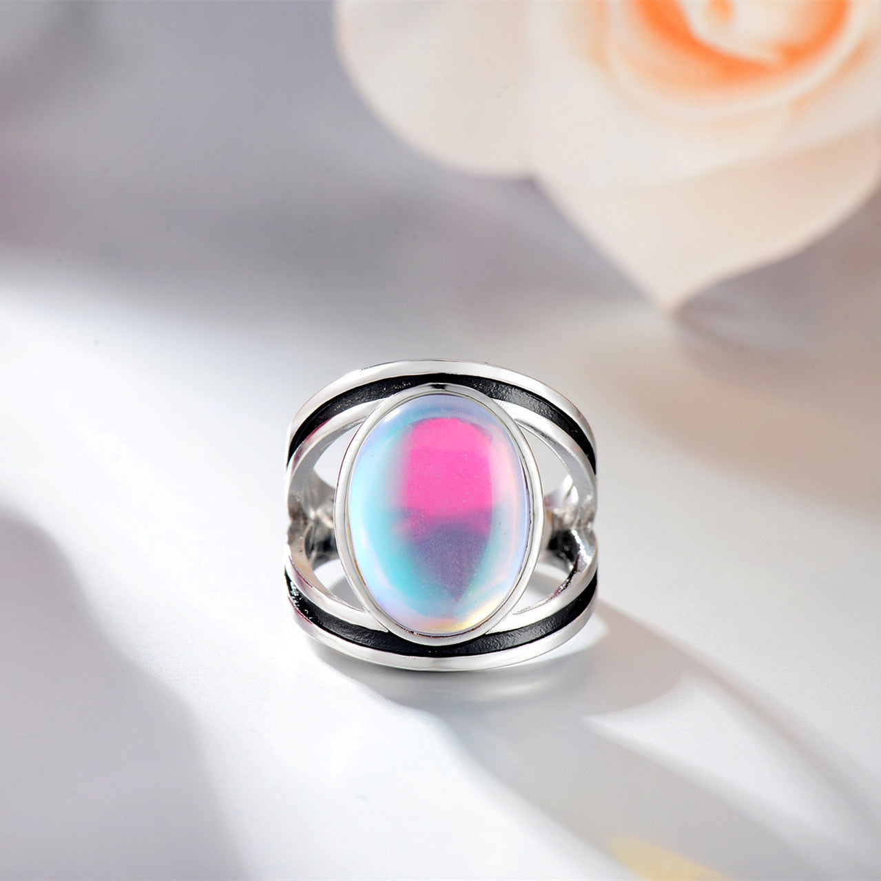Colorful Moonstone Inlaid Ring For Women Brass Alloy Band With Semi Precious Stone Jewelry Gift Ready For Gifting