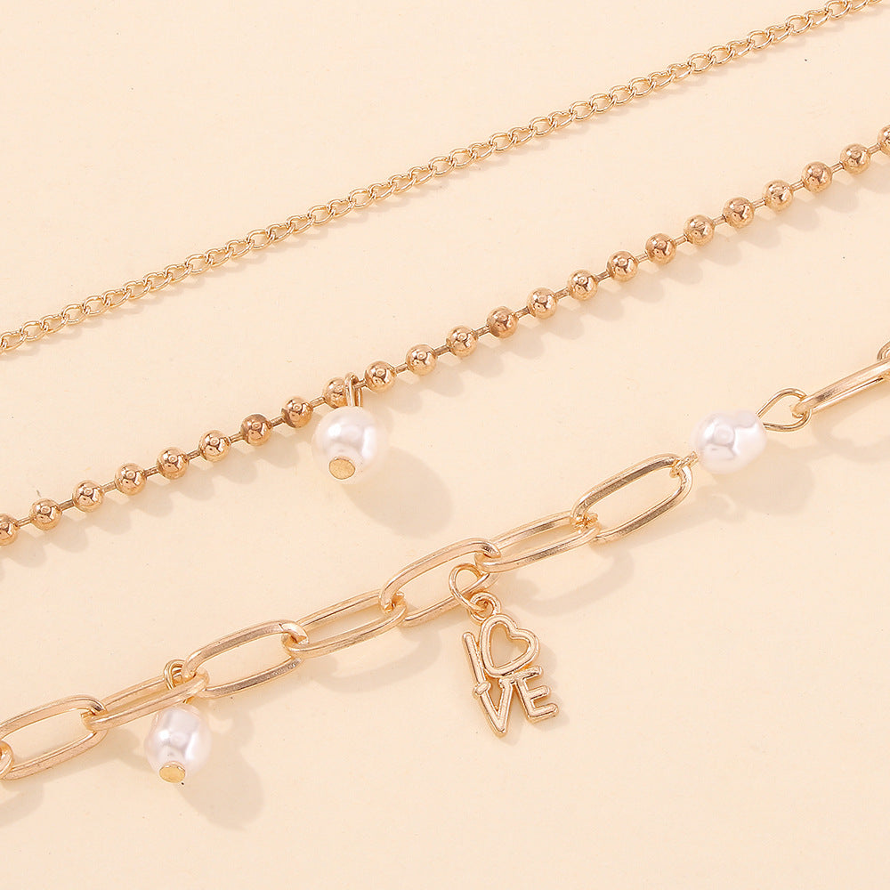 Gold Imitation Pearl Bracelet Set Geometric Retro Bangles for Women European Style Alloy Jewelry Vintage Style