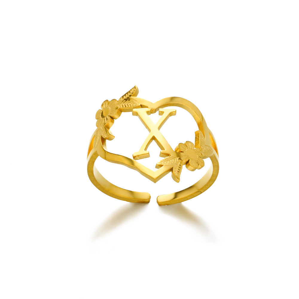 Heart Shaped Initial Rings Women Adjustable Stainless Steel Letters Ring Unisex European Design Letters Numbers