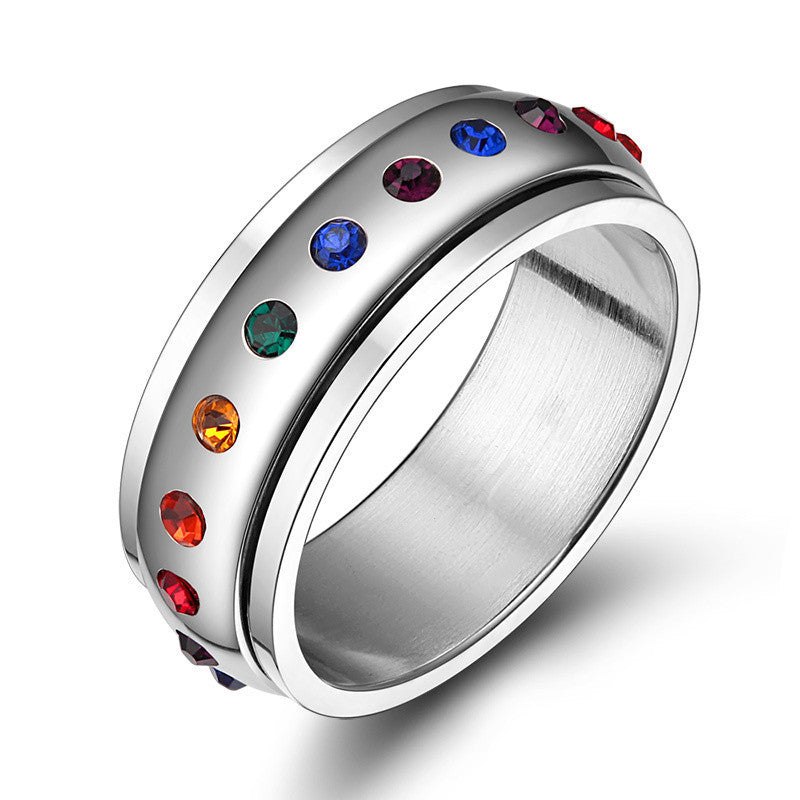 Iridescent Zircon Spinning Ring Stainless Steel Band for Women Fashion Electroplated Mosaic Titanium Steel Anxiety Relief Fidget Spinner