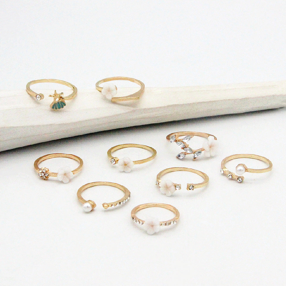 Womens Bohemian Ring Set With Pearl Flower And Diamond Inlay Gold Plated Alloy Jewelry One Size Inlay Gems Set Style