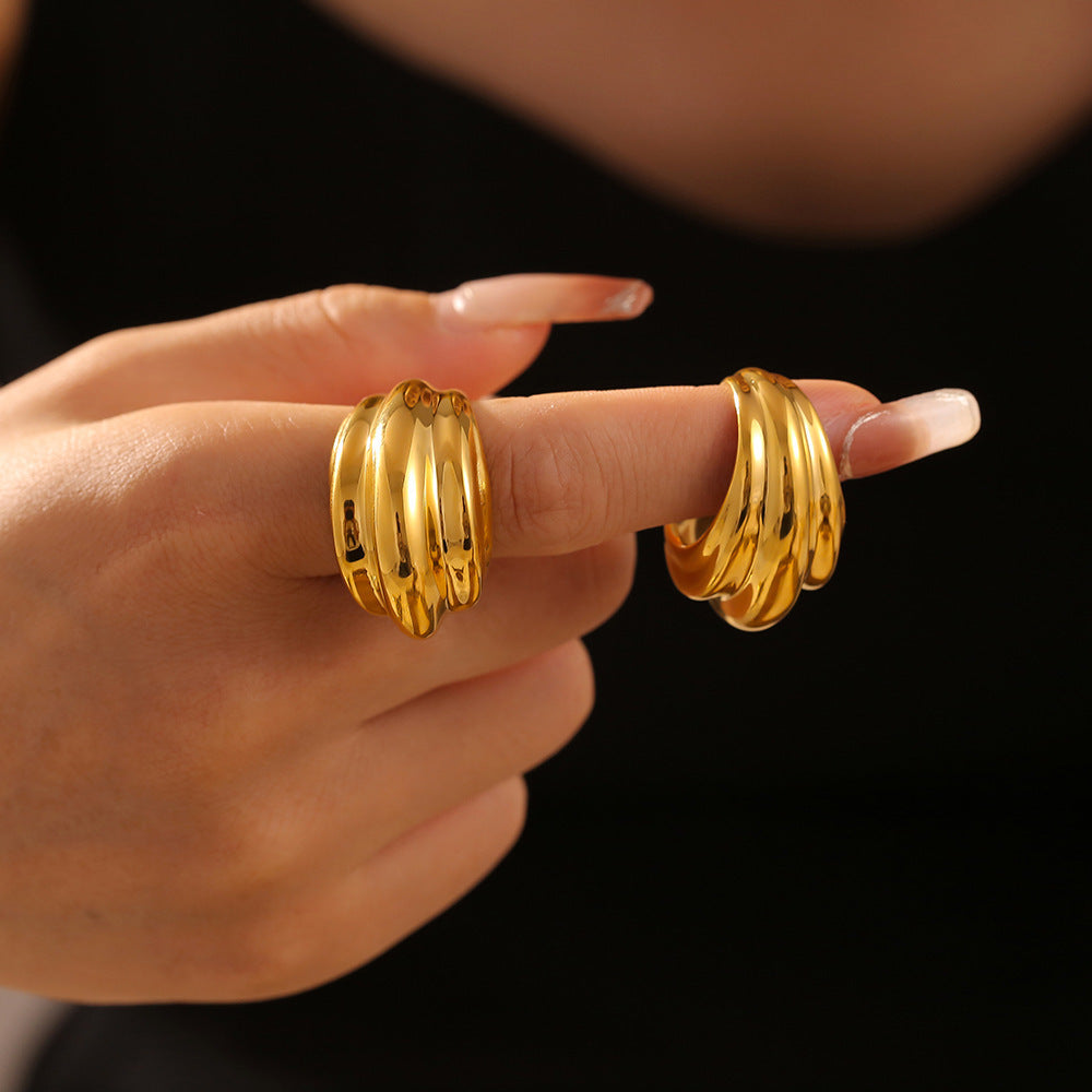Multi-layer Striped Water Drop Opening Ring Titanium Steel Plated 18K Gold Accessories