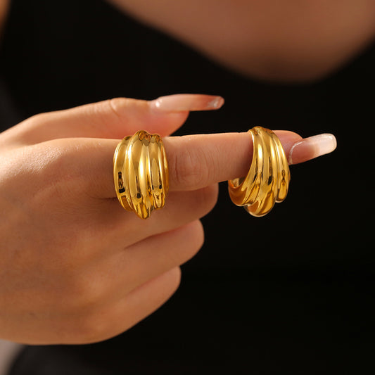 Multi-layer Striped Water Drop Opening Ring Titanium Steel Plated 18K Gold Accessories