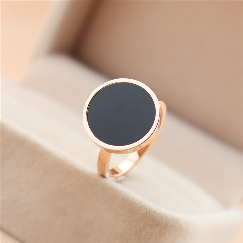Rose Gold Titanium Steel Ring With Black Disc Vintage Style Index Finger With Geometric Accent And Finish Glow