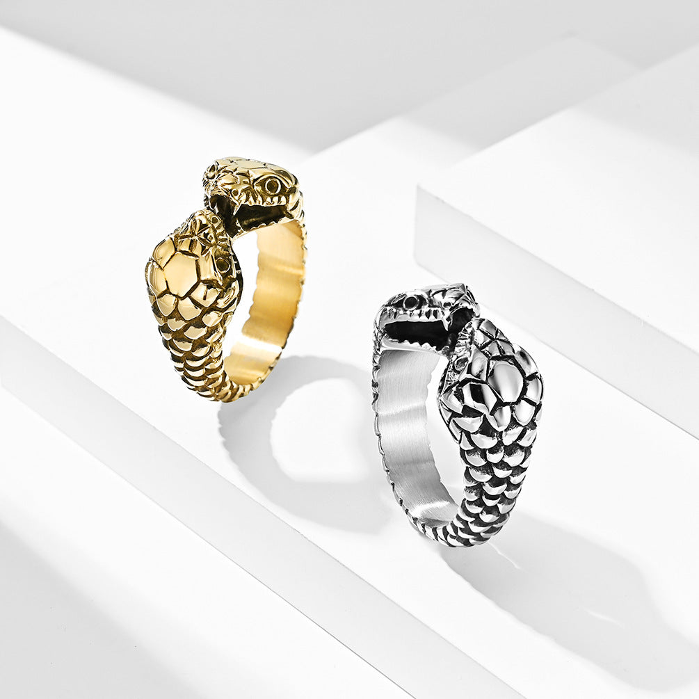 Double Headed Snake Ring Stainless Steel European American Design Fashion Statement Jewelry Accessory Titanium