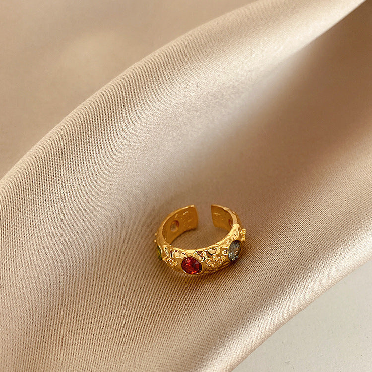 Irregular Metal Ring for Women French Retro Style Zircon Gold Plated 24k Shine Elegant Everyday Accessory Gift