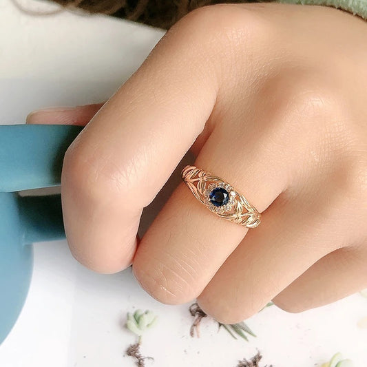 Womens Blue Zircon Ring Gold Plated Copper Flower Design Electroplated Must Have For Fashion Women Elegant Jewelry