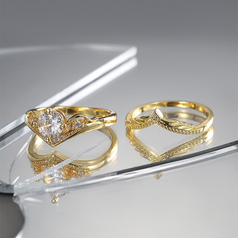 Gold Zircon Double Ring Set For Women Retro Fashion Copper Rings Electroplated Statement Jewelry Two Piece Set Now
