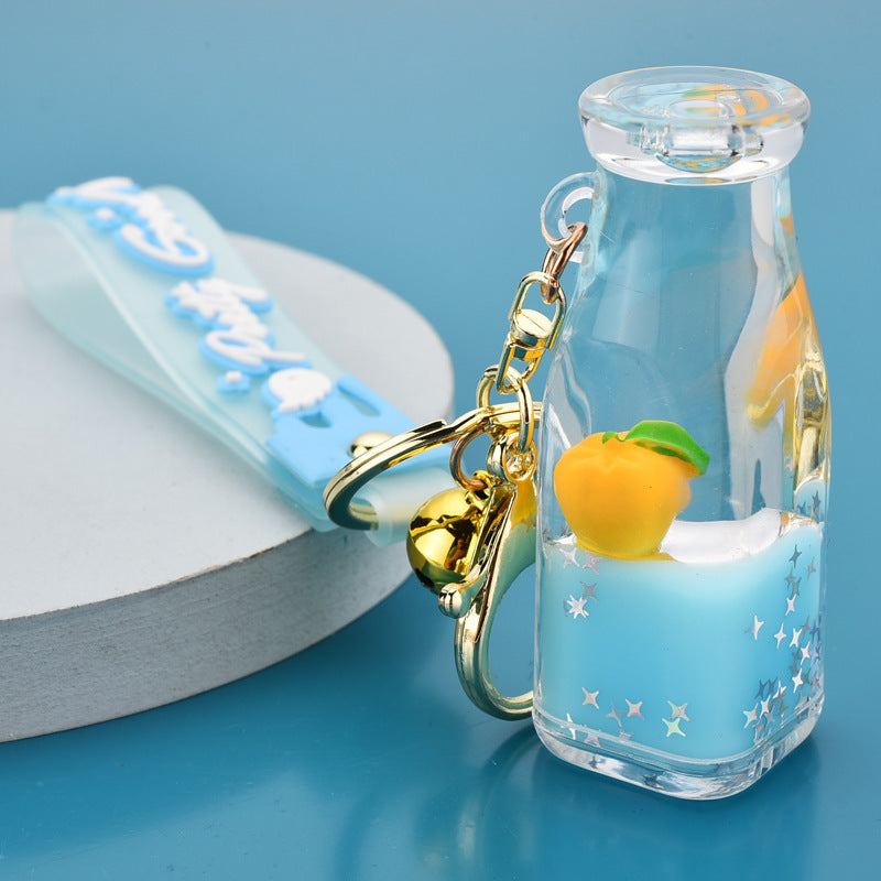 Acrylic Keychain Floating Fruit Yogurt Bottle Design Cute Keyring Creative Accessory Durable Pendant Yellow Pink