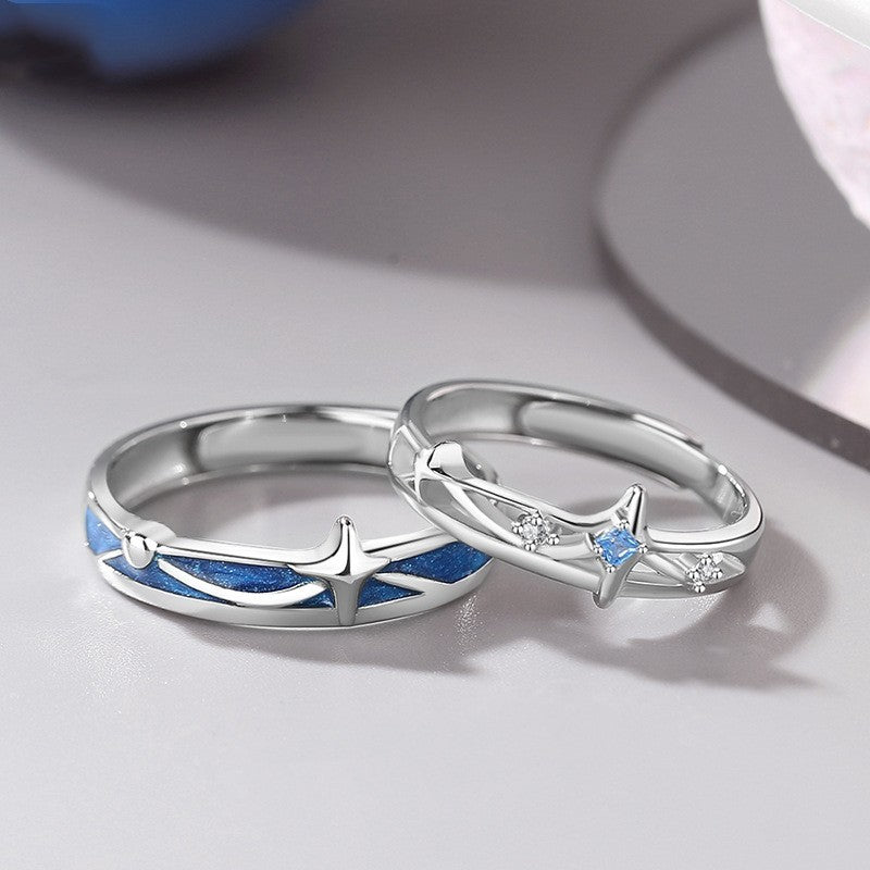Adjustable Sterling Silver Couple Rings With Star Enamel Matching Design For Him And Her Adjustable Opening Now