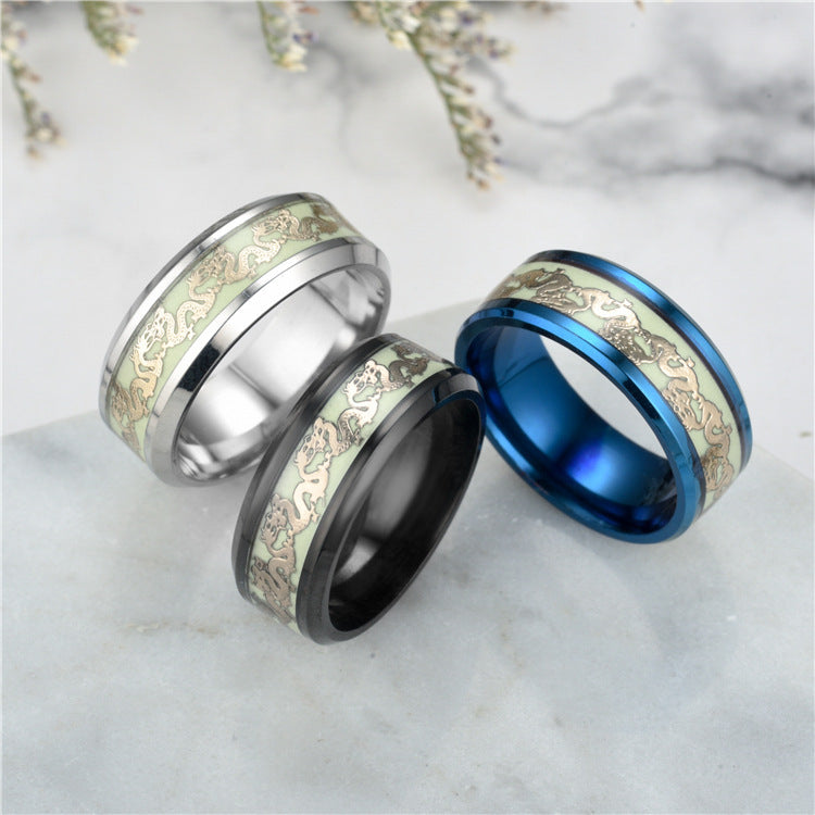 Unisex Titanium Steel Ring With Fluorescent Double Dragon Mosaic Inlays Simple Band For Men And Women Everyday