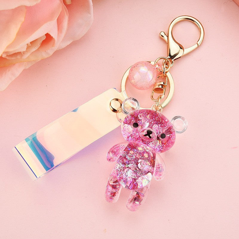 Oil Filled Bear Keychain Cute Animal Keyring Acrylic Bag Charm for Backpacks Purses Colorful Pendant Accessory