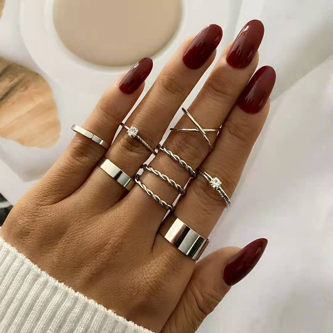 Woven Ring Set 9 Piece Geometric Alloy Rings With Gem Inlay Gold Silver Finish Jewelry Gift For Daily Look Now