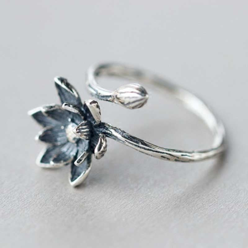 Sterling Silver Anemone Ring Thai Korean Style Adjustable For Women Fashion Jewelry Ethnic Retro Style Vintage