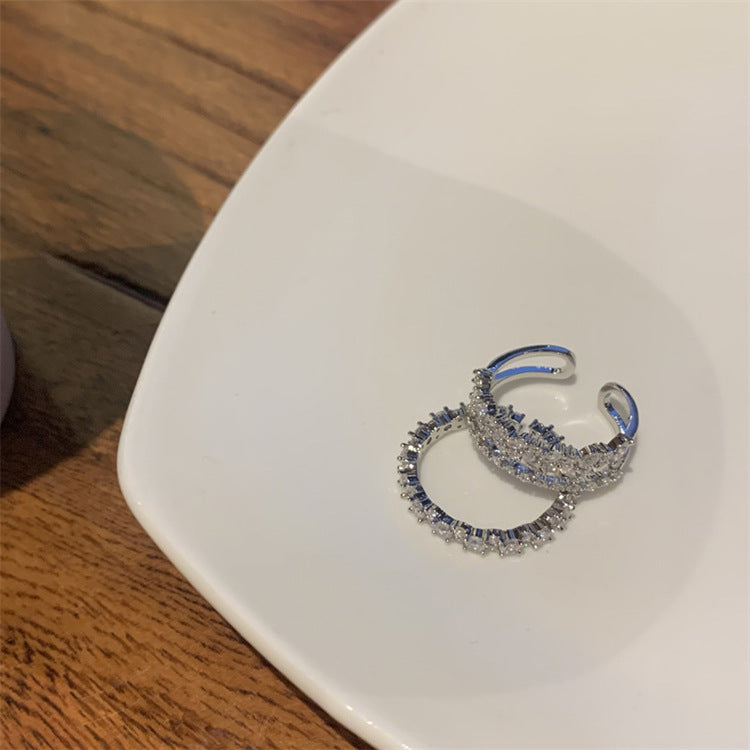 Women Adjustable Open Ring Double Layer Geometric Copper Zircon Stackable Ring For Everyday Style Elegant Chic