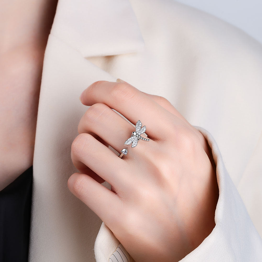 Rotating Dragonfly Zircon Ring White Gold Finish Adjustable