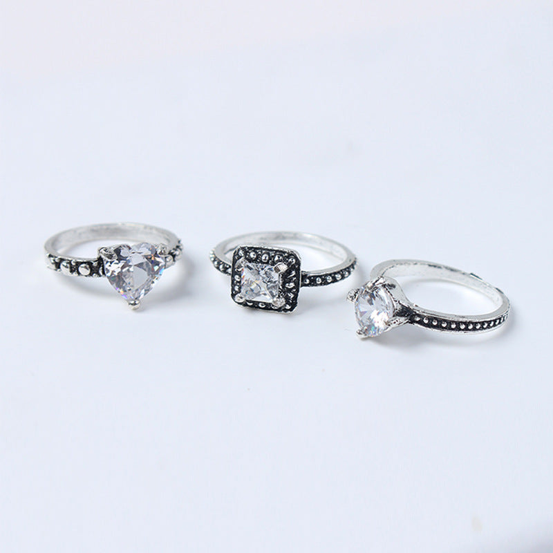 Heart Shaped Ring Set Retro Fashion Love Ring With Diamond Ancient Silver Finish Alloy Ring For Women For Ring