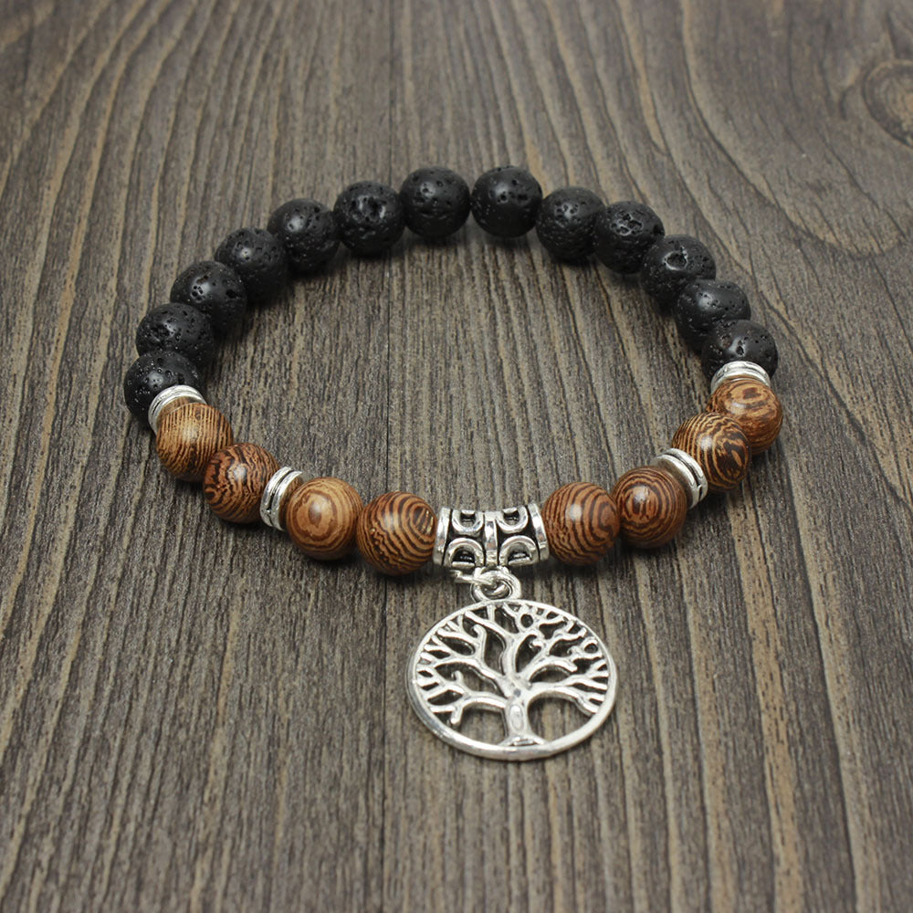 Unisex Volcanic Stone Bracelet Buddha Bead With Lotus Pendant Tree Of Life Geometric Jewelry For Everyday Wear
