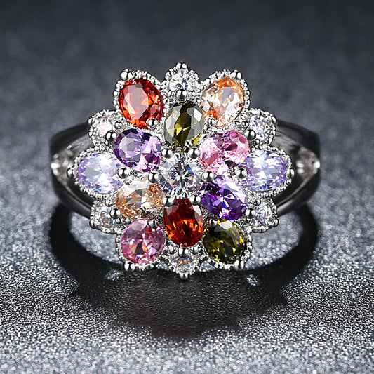 Womens Retro Colorful Flower Ring Geometric Electroplated Metal Fashion Jewelry Accessory Durable Versatile Trendy