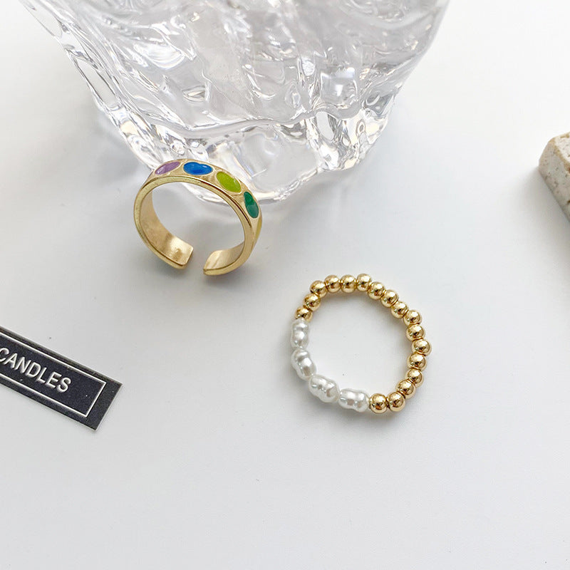 Women Heart Pearl Ring Geometric Style Adjustable Electroplated Alloy Jewelry For Women Korean Inspired Jewelry