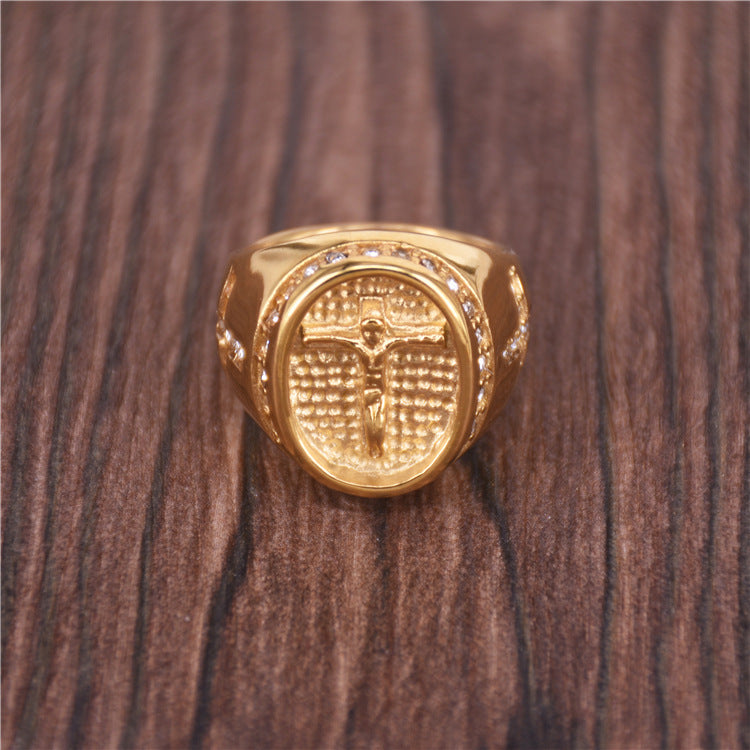 Unisex Stainless Steel Ring with Head Cross Design Retro Titanium Steel Band for Men and Women Fashion Jewelry Statement Ring Religious Gift