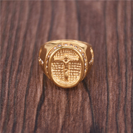 Unisex Stainless Steel Ring with Head Cross Design Retro Titanium Steel Band for Men and Women Fashion Jewelry Statement Ring Religious Gift