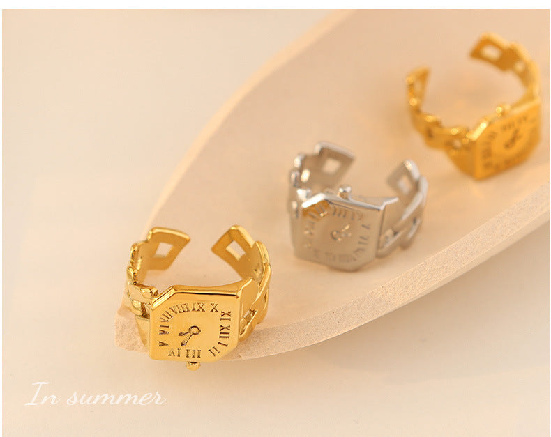 Open Ring Clock Design Copper Ring Adjustable Opening For Women Fashion Jewelry Gift Steel Or Gold Color For Her