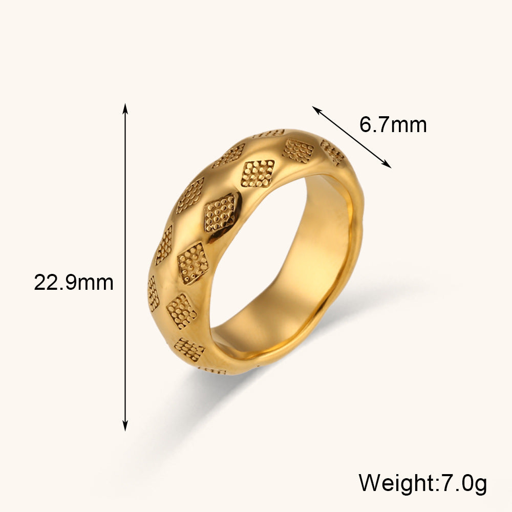 Womens Stainless Steel Ring Electroplated Golden Lattice Design Thin or Thick Band Geometric European American Jewelry Gift for Her Sizes 6 7 and 8