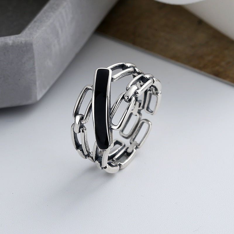 Womens Sterling Silver Ring 925 Wide Epoxy Hollow Chain Band Geometric Design Adjustable Opening Fashion Style
