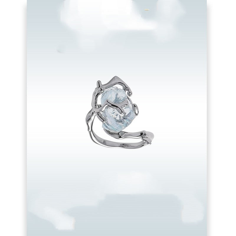 Geometric Alloy Ring with Ice Blue Transparent Natural Stone Electroplated Silver Ring Fashion Jewelry Gift for Women and Girls Party Prom