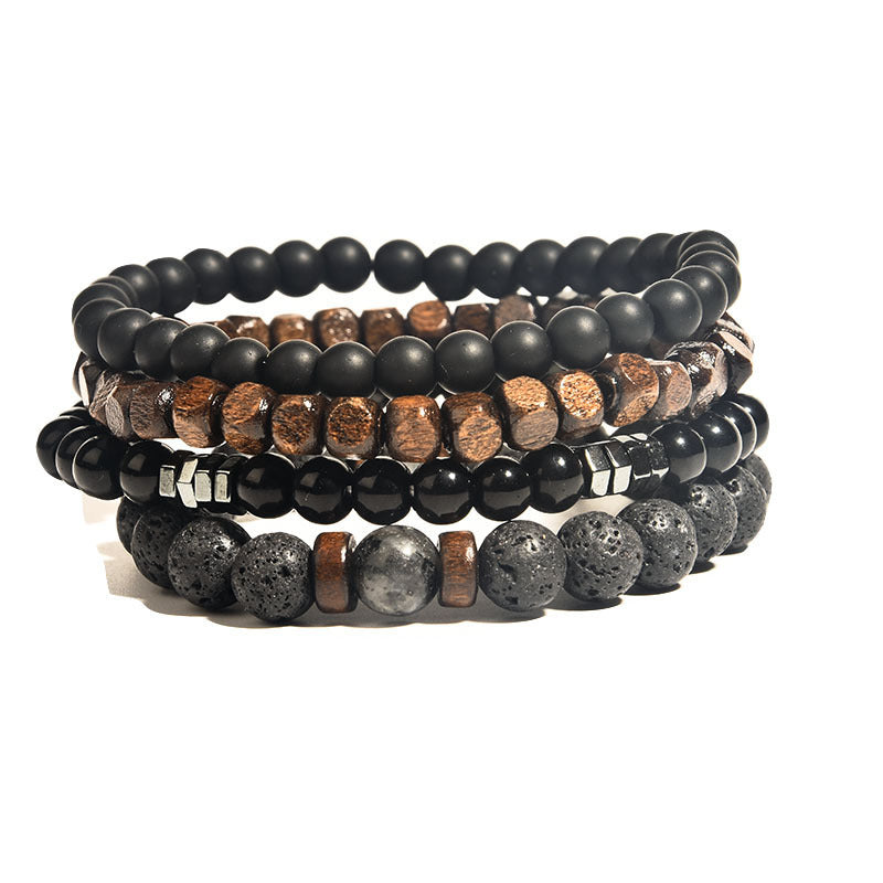 Unisex Volcanic Rock Bracelet With Wooden Beads And Hematite Beaded Accents Polished Geometric Glass Ethnic Bracelet