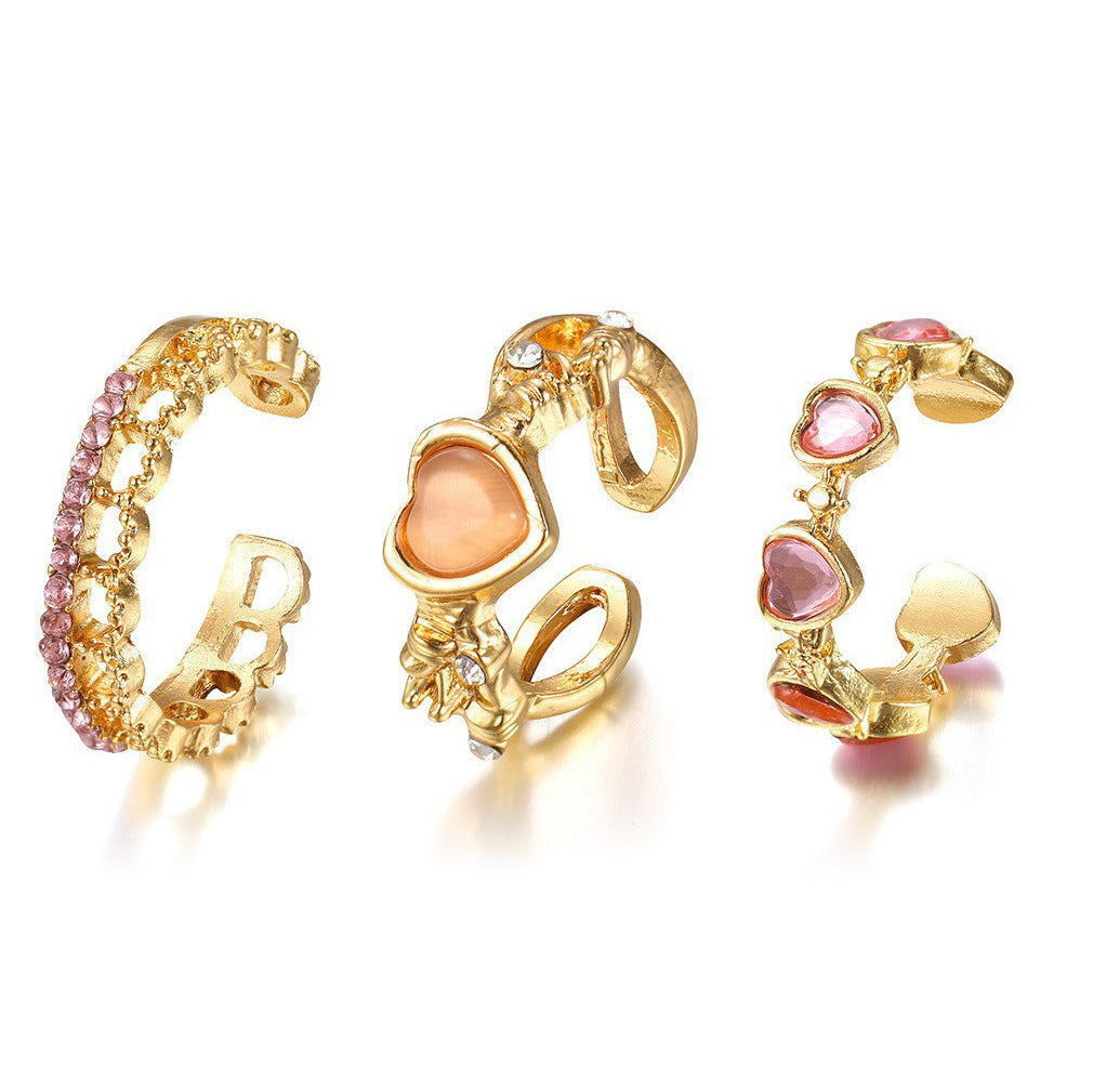 Womens Heart Shaped Ring Set 3 Piece Rings Pink Gold Purple