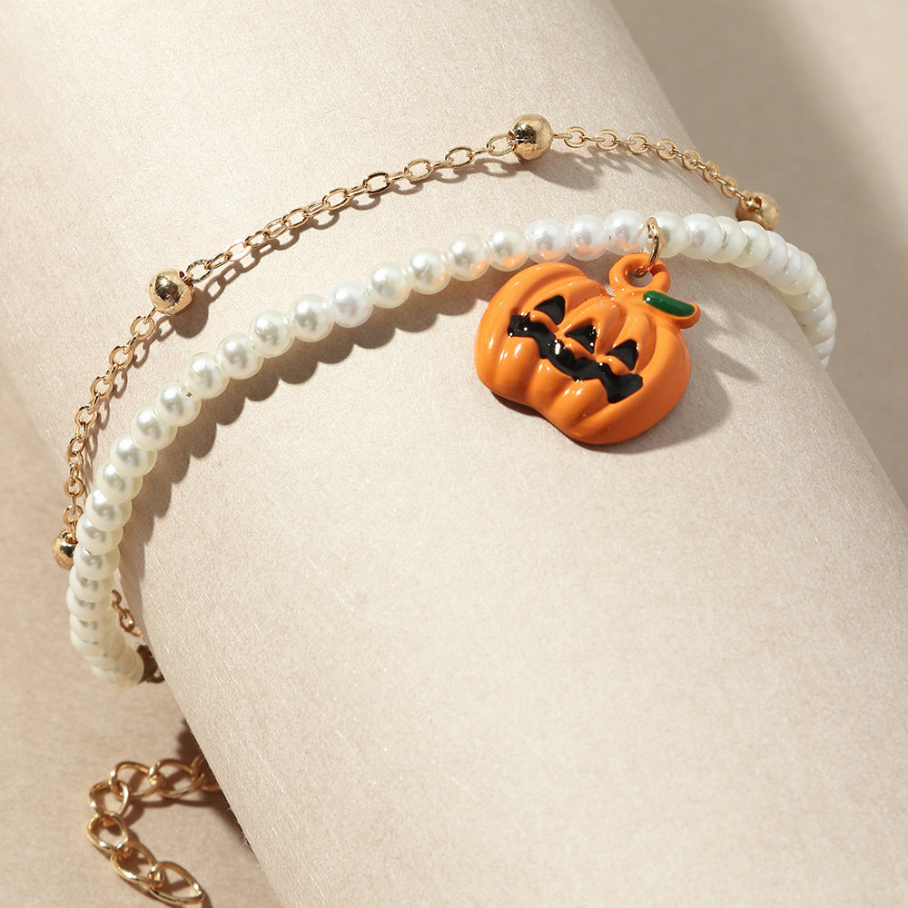 Womens Pearl Pumpkin Design Bracelet Halloween Jewelry Resin Festive Costume Accessory Imitation Pearls Charms