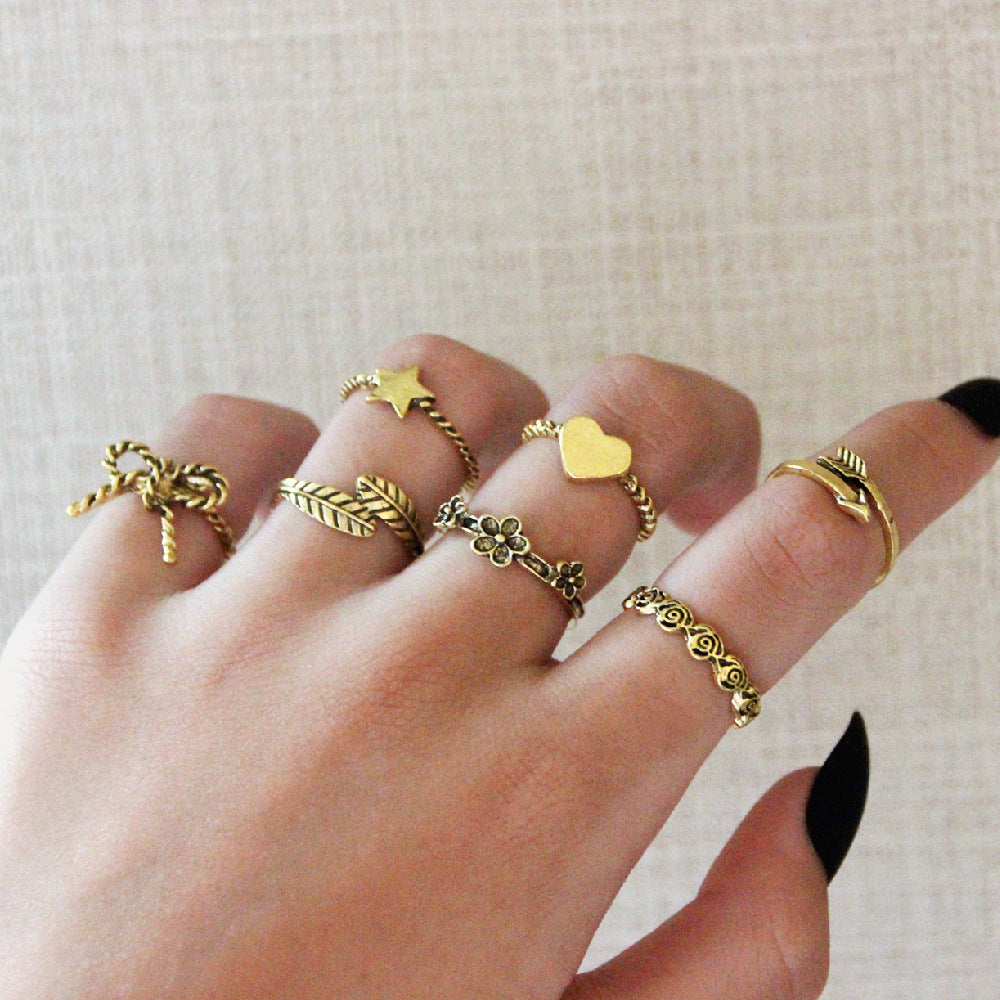 Gold Plated Ring Set Bowknot Star Flower Leaf Design Retro Alloy Knuckle Rings 7 Pcs Jewelry For Women Elegant Set