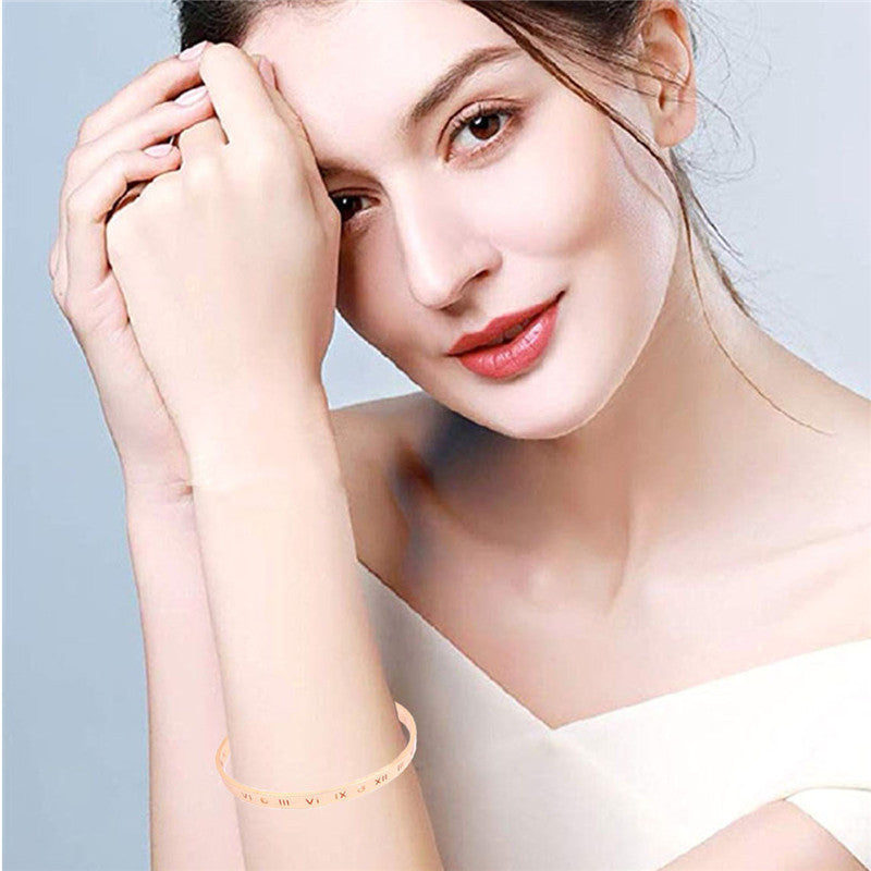 Unisex Alloy Bracelet C Shape Roman Numeral Bangle Electroplated Rose Gold Silver Finish For Daily Wear Lovers