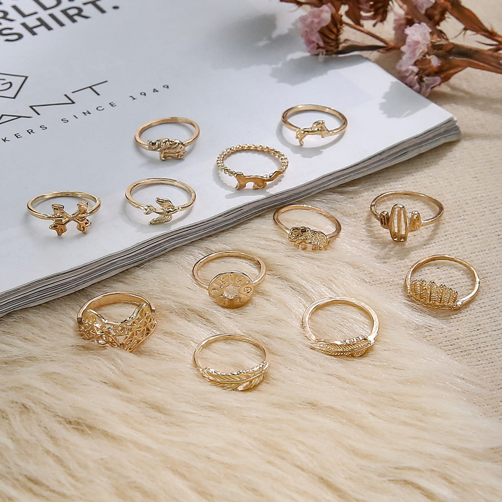 Vintage Animal Rings Set Of 12 Hollow Design Zodiac Inspired Rings Electroplated Finish Festival Gift Pack Set