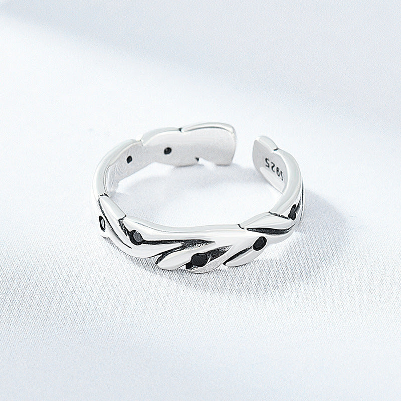 Korean Leaf Sterling Silver Ring Inlaid Red Diamond Retro