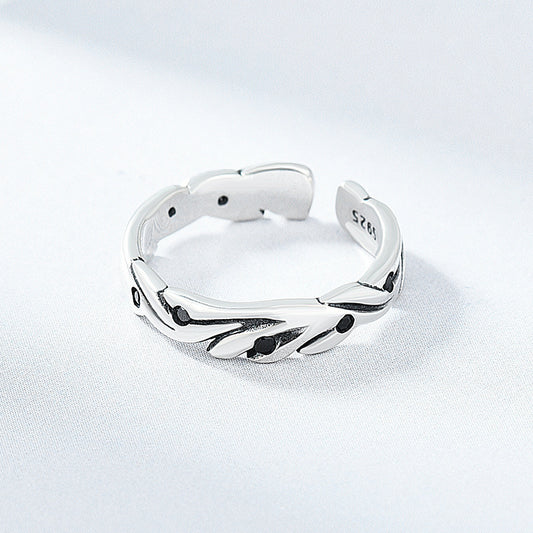 Korean Leaf Sterling Silver Ring Inlaid Red Diamond Retro