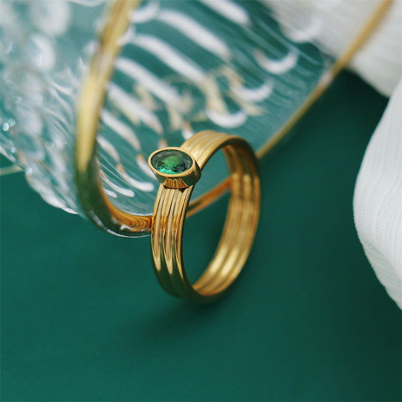 Women's Retro Double Layer Ring Gold Titanium Steel 4mm Band with 5x3mm Diamond Sizes 6 7 8 9 Stylish keepsake