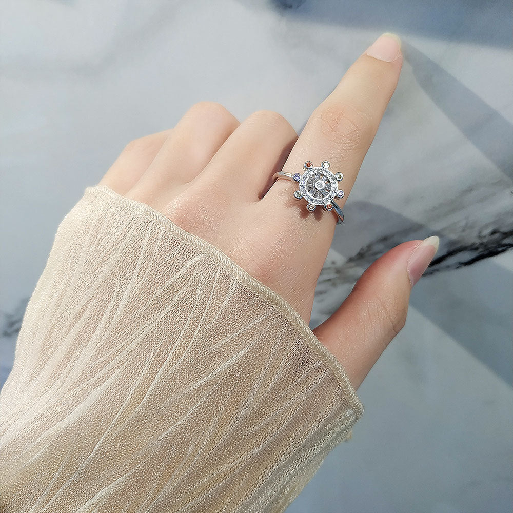 Womens Adjustable Copper Ring With Inlaid Zircon Rudder Design Open Band Elegant Everyday Jewelry Gift For Daily Wear